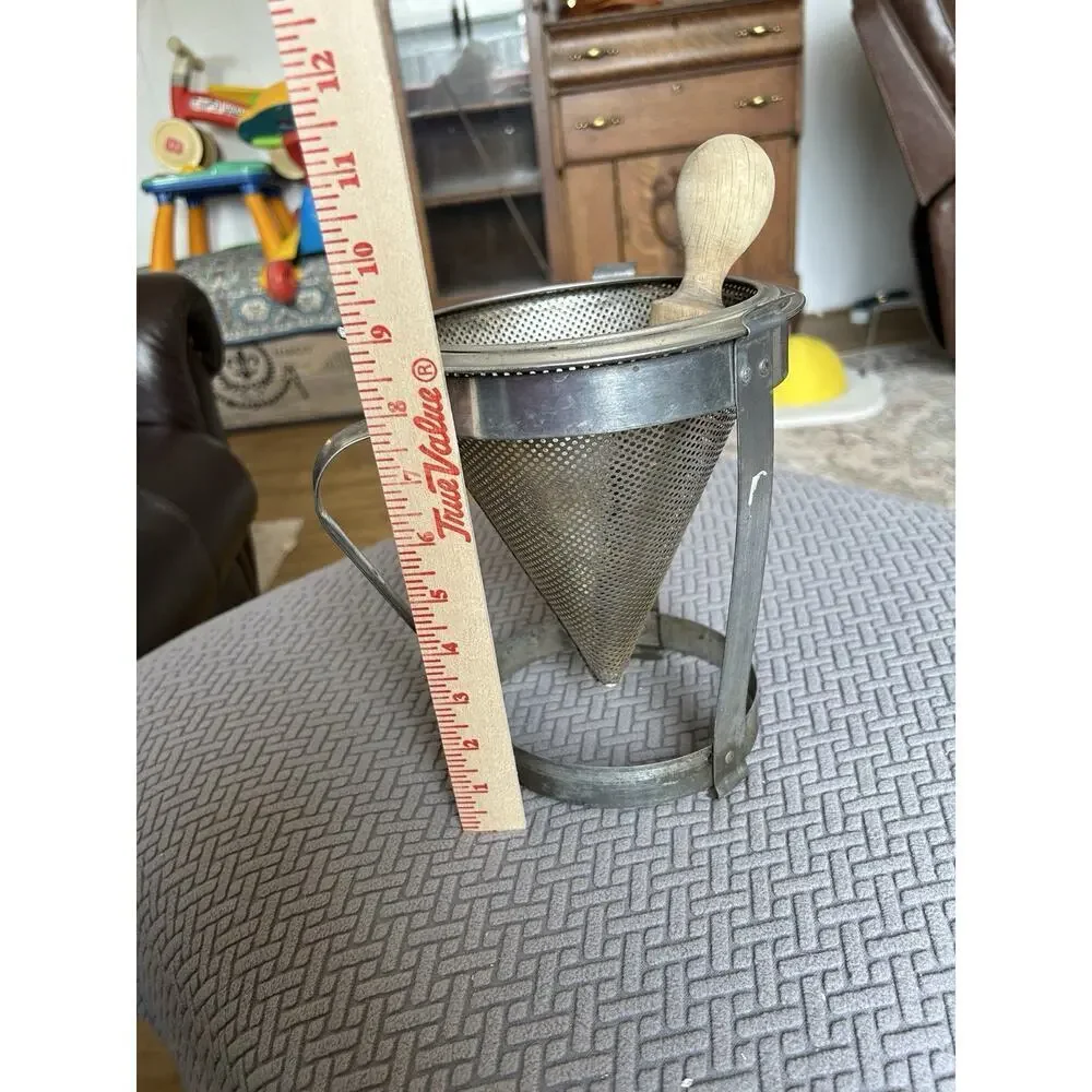 Antique Cone Sieve Food Mill Strainer on Tripod w Wood Pestle Masher some rust